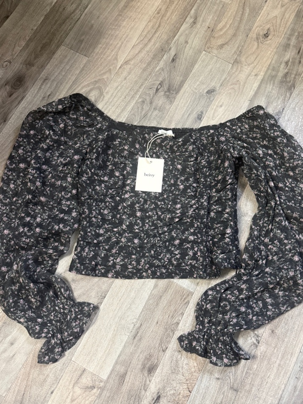 Beivy Black Floral Off-Shoulder Long Sleeve Top